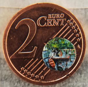 La Grenouillere di Renoir riprodotta sul globo terrestre di una moneta da due centesimi..