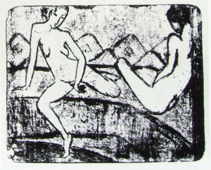 Otto Mueller: Due ragazze sedute sul sofà, anno 1912 circa, tecnica litografica, 21,5 x 26,8, Brücke-Museum, Berlino.