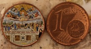 Stefano Busonero: Riproduzione della Disputa del Sacramento di Raffaello dentro una moneta da un centesimo di euro