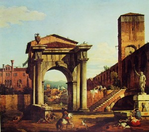 Bernardo Bellotto: Capriccio romano con Porta Civica e mura turrite, cm. 117 x 131, Galleria Nazionale di Parma .