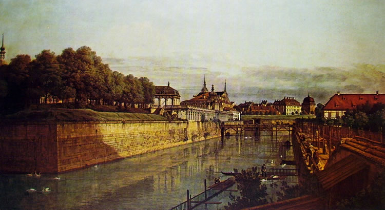 Bellotto: Dresda - L'antico fossato dello Zwinger dall'Orangerie verso la città.