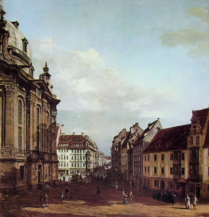 Bellotto: Dresda - La Frauenkirche, dall'antico corpo di guardia verso il palazzo Curlandese, cm. 193 x 186, 