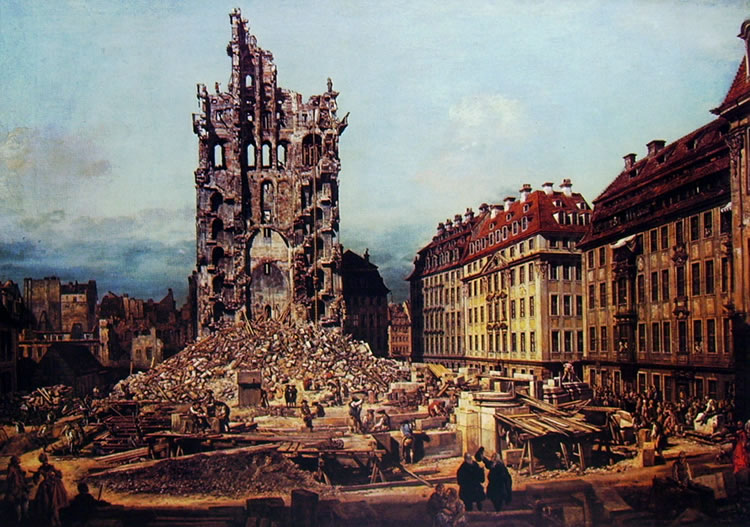 Bellotto: Dresda - i resti della Kreuskirche da est