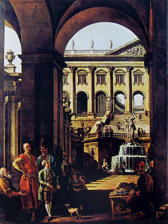 Bellotto: Capriccio con palazzo, porticato e loggiato, fontana monumentale e il Vojoda Potocki