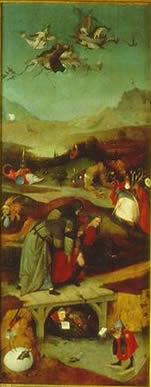 Hieronymus Bosch: Trittico delle tentazioni - Raffigurazione nell'interno dell'anta sinistra: Il Volo e la Caduta di Sant'Antonio
