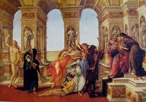 Botticelli neoplatonico: La calunnia, cm. 62 x 91, Galleria degli Uffizi, Firenze