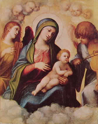 Correggio - Madonna col bambino, due angeli e cherubini