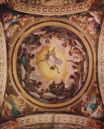 Affreschi di San Giovanni Evangelista, veduta complessiva della cupola e dei pennacchi, dimensioni totali cm. 1600 x 1300. (Sotto i particolari)