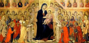 Duccio di Buoninsegna: Registro principale della Maestà Madonna in trono con il Bambino, venerata da angeli e santi, 425 x 212 cm., Museo dell’Opera del duomo, Siena.