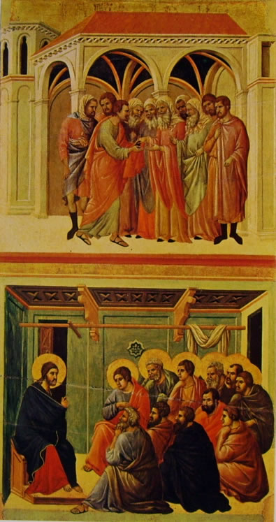 Duccio di Buoninsegna: Maestà - Patto di Giuda e il Congedo degli Apostoli