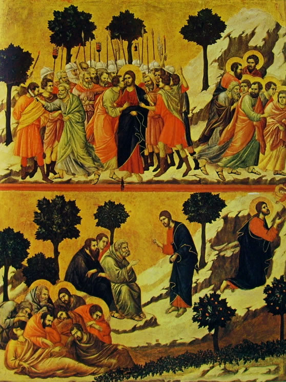 Duccio di Buoninsegna: Maestà - La cattura di Cristo e la preghiera nell'orto