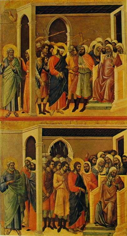 Duccio di Buoninsegna: Maestà - Cristo percosso e Cristo davanti a Caifa