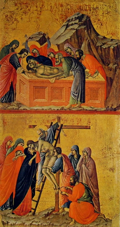 Duccio di Buoninsegna: Maestà - Il Seppellimento di Cristo e La Deposizione della croce