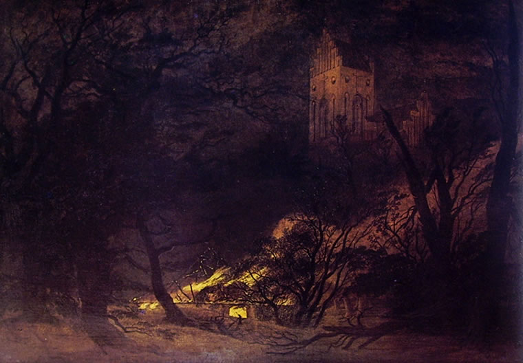 Caspar David Friedrich: Casa in fiamme e chiesa gotica