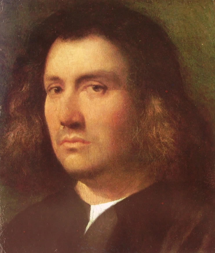 Giorgione: "Busto d'uomo", o "Ritratto di Terris", prevalentemente attribuito al Giorgione, olio su tela, 1508-10, misura 30 x 26 cm. Fine Arts Gallery a San Diego (California).