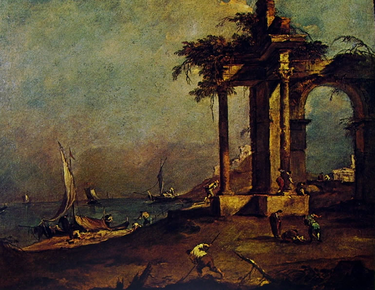 Francesco Guardi: Capriccio con rovine classiche in riva al mare, contadini, barche e marinai
