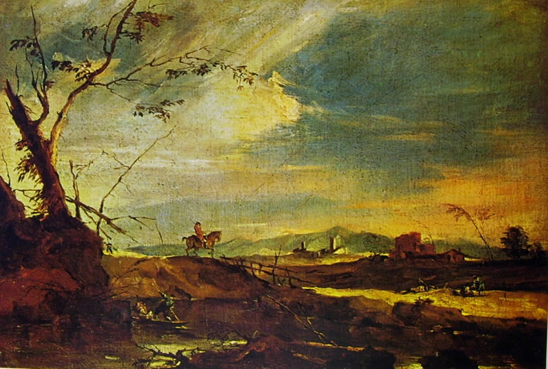 Francesco Guardi: Paesaggio rustico con cavaliere su un ponticello