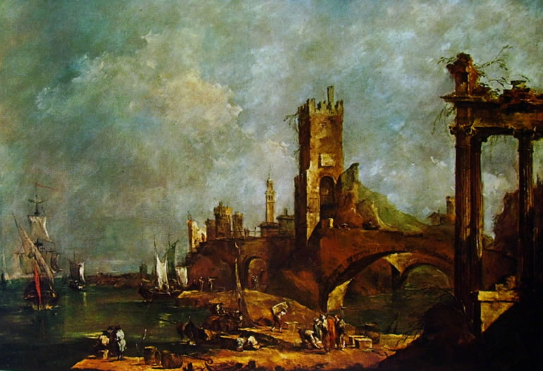 Francesco Guardi: Capriccio con porticciolo presso una città turrita