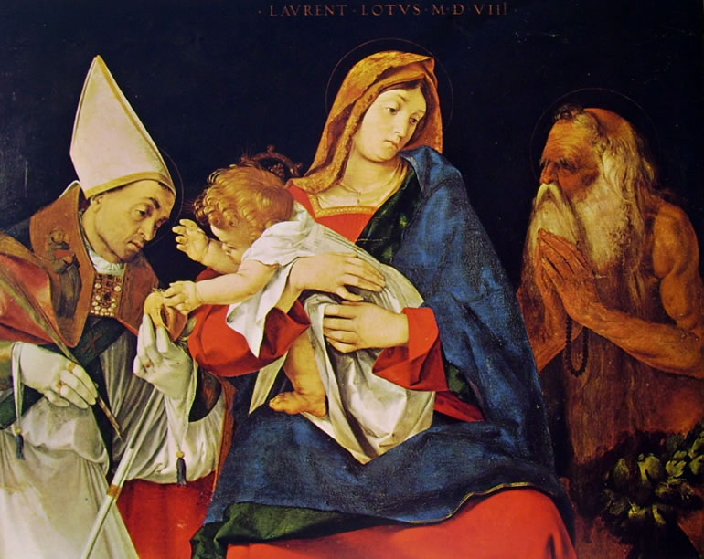 Lorenzo Lotto: Madonna col bambino, un Santo vescovo, e Sant'Onofrio