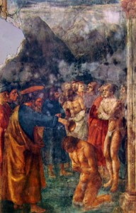 Masaccio: Il battesimo dei neofiti nella Cappella Brancacci.