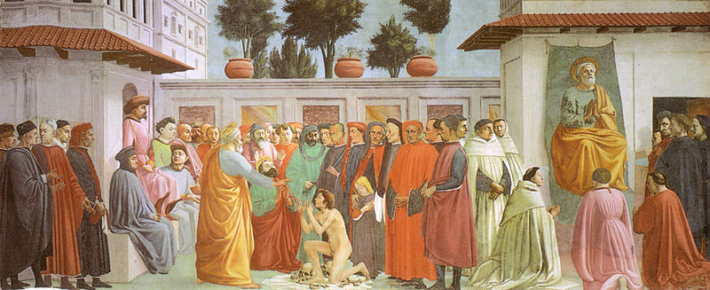 Masaccio: Cappella Brancacci - Resurrezione del figlio di Teofilo e San Pietro in cattedra