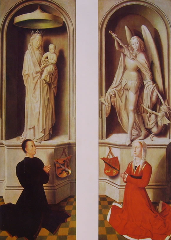 Hans Memling: Angelo Tani con la statua della Madonna e Caterina Tanagli con la statua di San Michele