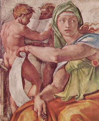 Michelangelo - Volta della Cappella Sistina, particolare della Sibilla Delfica
