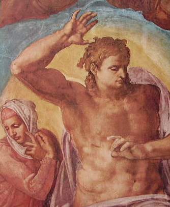 Michelangelo - Il Giudizio Universale, Capp. Sistina in Vaticano, particolare delle figure 13 e 14: La madonna e il Cristo giudice