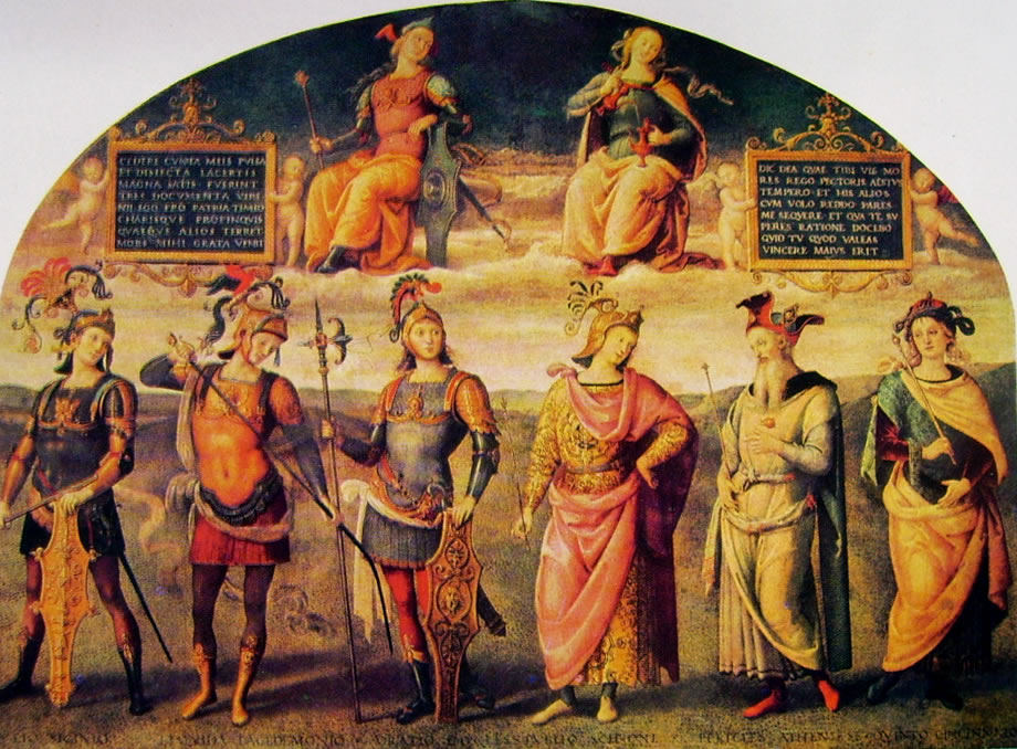 Il Perugino: Ornamentazione del Cambio - Fortezza e temperanza con sei eroi antichi