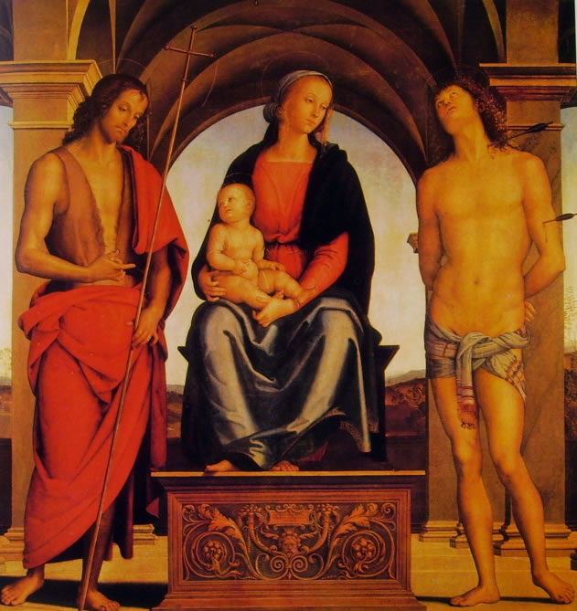 Il Perugino: Madonna col bambino in trono fra i santi Giovanni Battista e Sebastiano