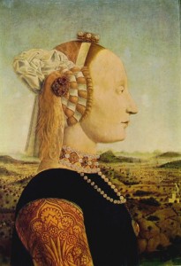 Piero della Francesca: Dittico dei duchi di Urbino: sopra, il "Ritratto di Battista Sforza", cm. 47 x 33, Galleria degli Uffizi, Firenze