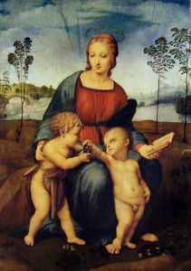 Raffaello Sanzio: “Madonna del cardellino“ realizzato con tecnica ad olio su tavola nel 1507, misura 107 x 77 cm. ed è custodito agli Uffizi di Firenze.