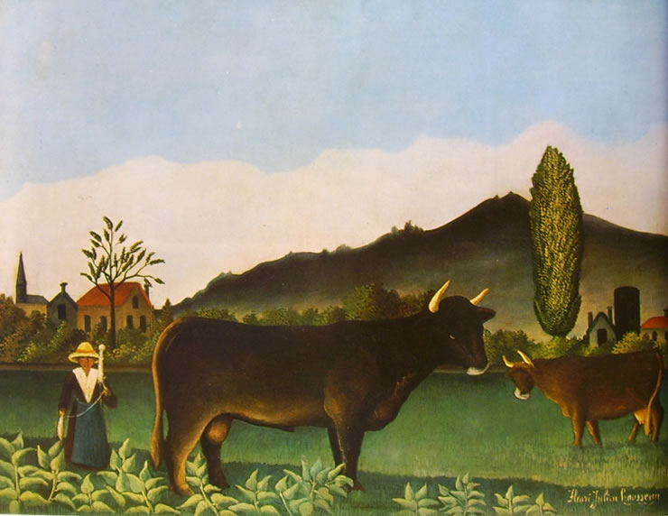 Rousseau il Doganiere: Paesaggio con filatrice e bovini