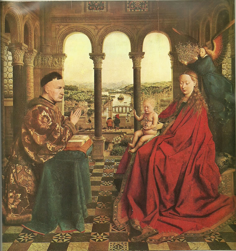Jan van Eyck: Madonna del cancelliere Rolin (Madonna col Bambino incoronata da un angelo)