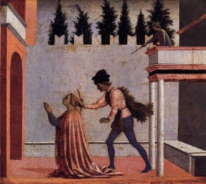 Domenico Veneziano: Martirio di santa Lucia, 25×29 cm, Berlino, Gemäldegalerie