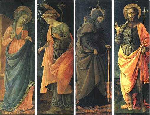 Filippo Lippi: Annunciazione con angelo e santi - Vergine Annunziata, Angelo Annunziante, sant'Antonio Abate e san Giovanni Battista