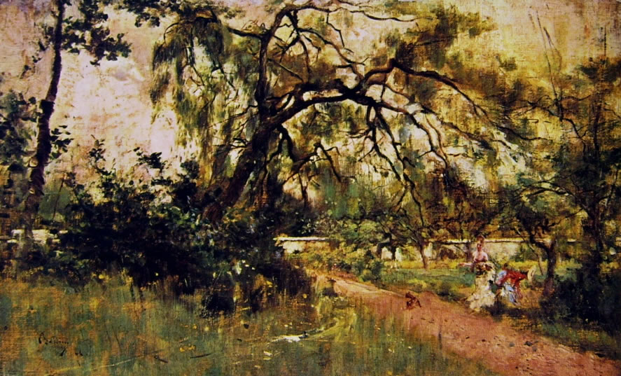 Giovanni Boldini: Parco con figure femminili e cane