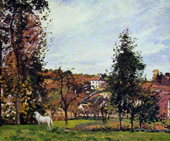 Camille Pissarro: Paesaggio con cavallo bianco in un prato, l'Ermitage,