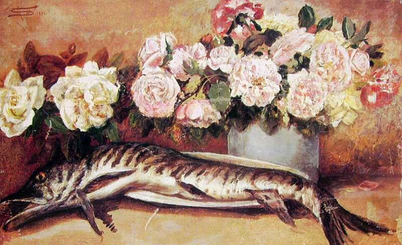 Segantini - natura morta con fiori e pesci