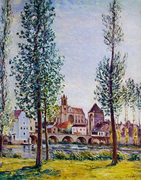 Alfred Sisley: Moret-sur-Loing: il ponte, la chiesa e i mulini