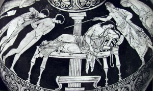 Storia dell'arte - Pittore di Amico: Particolare dell’idria con la scena del suicidio di Canace (Museo Provinciale di Bari)