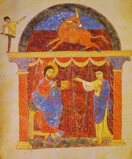 Apocalisse di Saint-Sever, Cristo consegna il Vangelo a Luca 1028-1072. Biblioteca Nazionale di Parigi