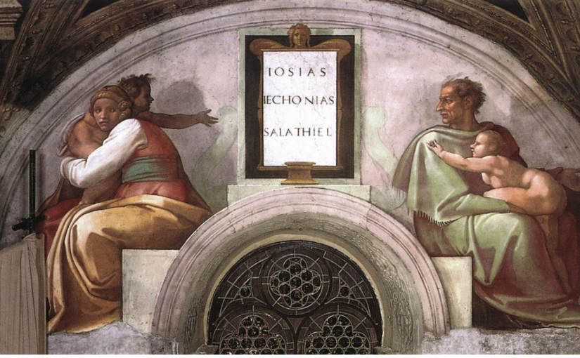 Michelangelo Buonarroti: Lunetta con Iosias Echonias e Salatiel, intorno al 1508-11, dimensioni 340 x 650 cm., Cappella Sistina, Città del Vaticano.
