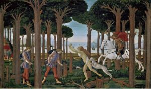 Botticelli - Storie di Nastagio degli onesti - nastagio incontra la donna e il cavaliere nella pineta di Ravenna