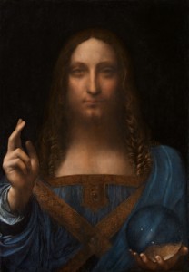 Leonardo da Vinci: Salvator mundi, realizzato con tecnica a olio su tavola intorno al 1499, dimensioni 66 x 46 cm., custodito in una collezione privata.