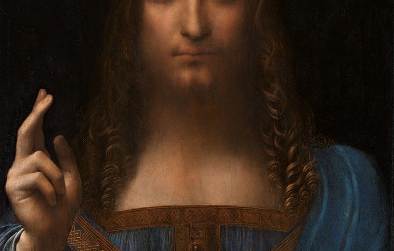 Leonardo da Vinci: Salvator mundi, realizzato con tecnica a olio su tavola intorno al 1499, dimensioni 66 x 46 cm., custodito in una collezione privata.
