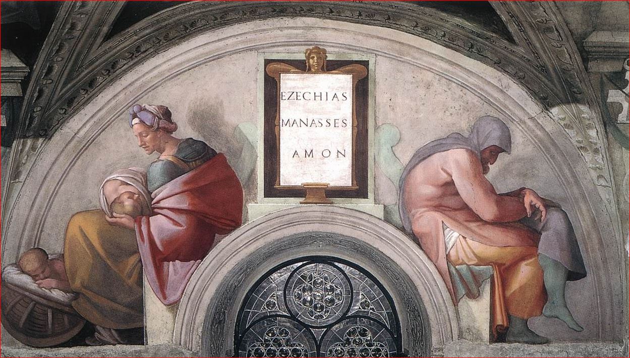 Michelangelo Buonarroti: Lunetta con Ezechia, Manasse e Amon, intorno al 1508-11, dimensioni 340 x 650 cm., Cappella Sistina