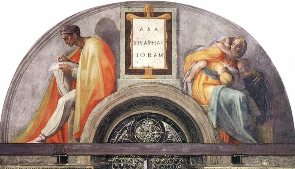 Michelangelo - lunetta con Asaf Iosafat e Ioram - 245 x 340 cm, intorno agli anni 1511-12, volta della Cappella Sistina in Vaticano.