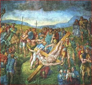 Michelangelo: Crocifissione di San Pietro, intorno agli anni 1545–1550, affresco parietale, dimensioni 625 x 662 cm., Cappella Paolina, Città del Vaticano, Roma.