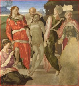 Michelangelo: Deposizione di Cristo nel sepolcro, intorno agli anni 1500-1501, tecnica a tempera su tavola, dimensioni 159 x 149 cm., National Gallery, Londra